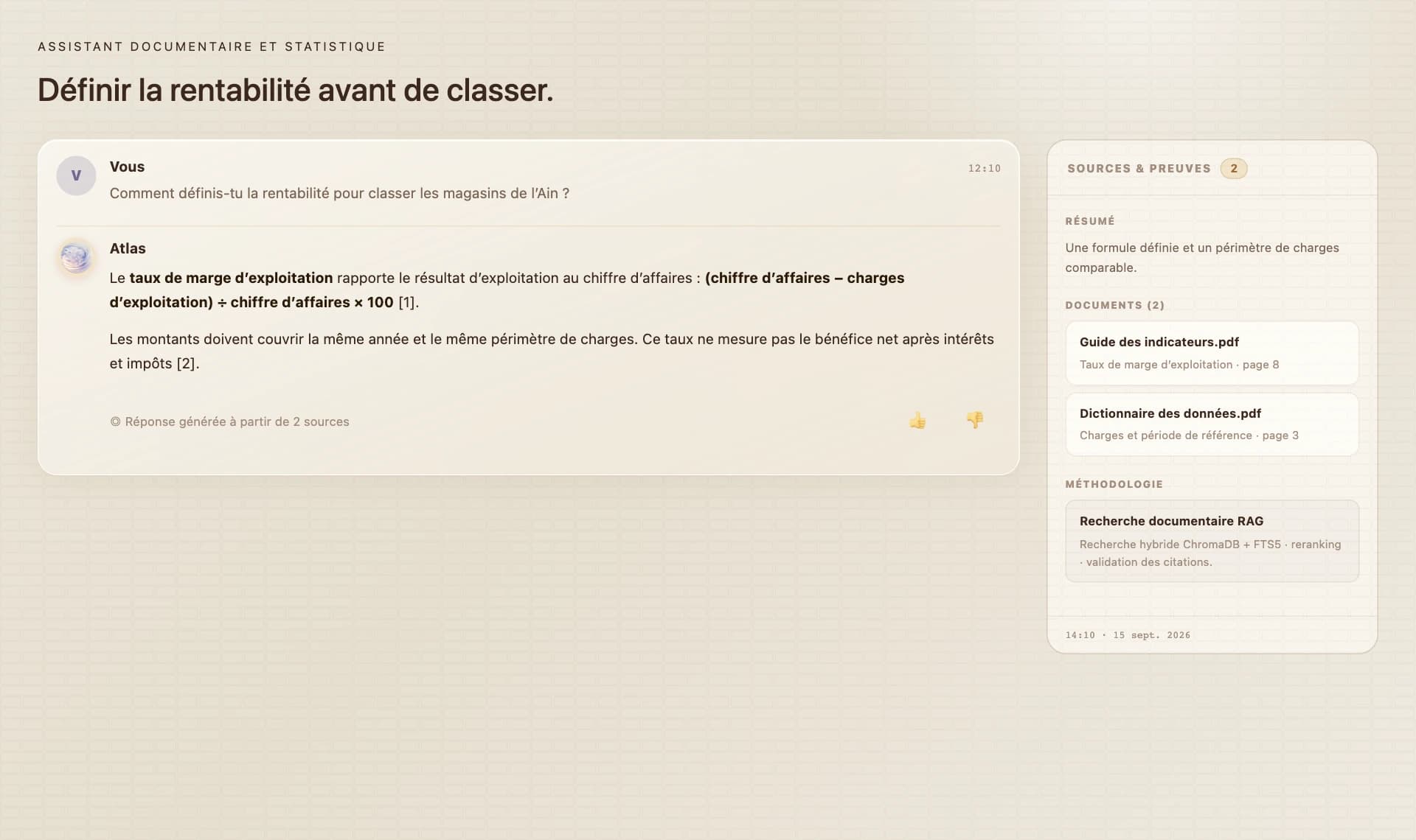 Interface du projet RAG : réponse et documents sources.