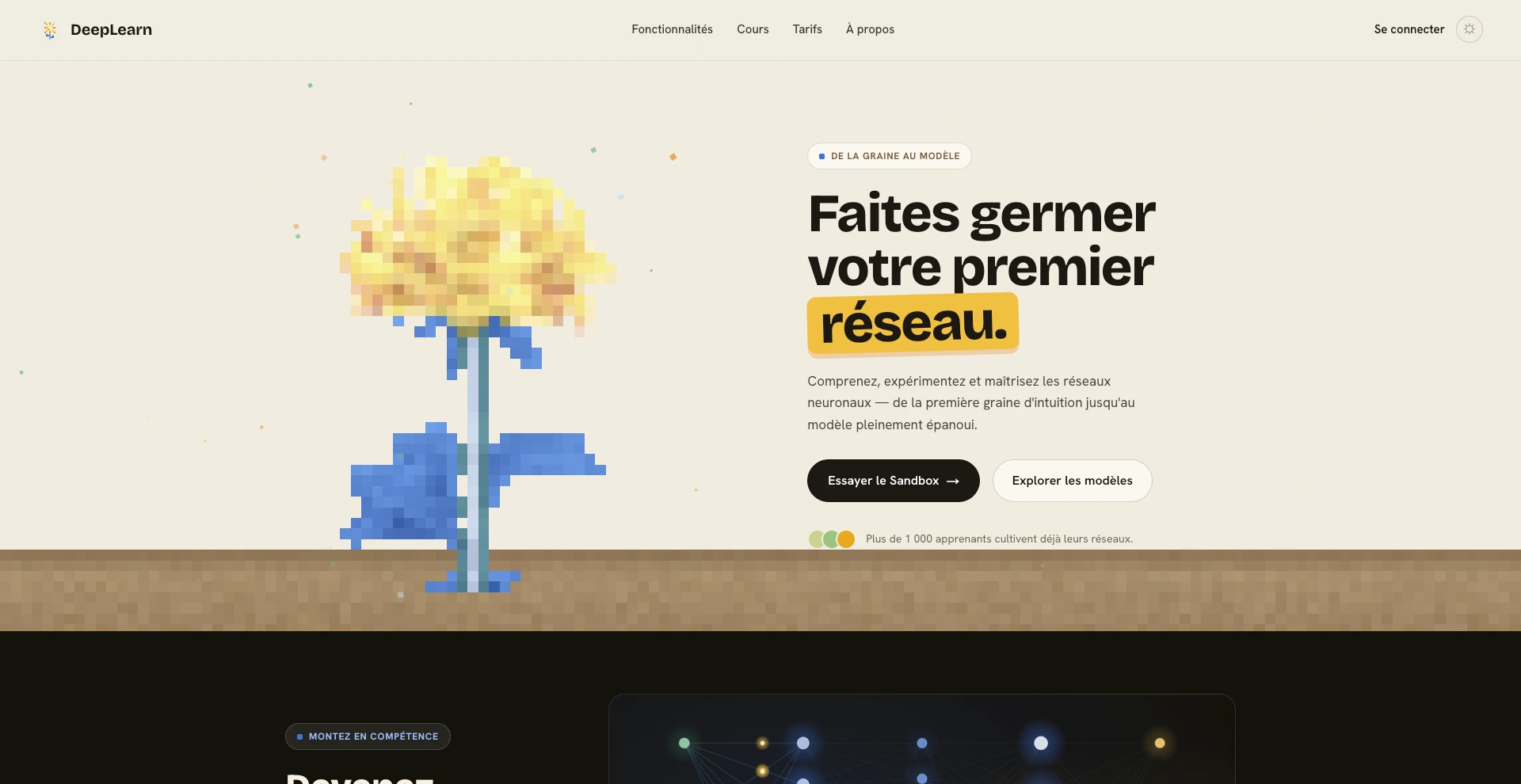 Accueil DeepLearn : faites germer votre premier réseau, avec la fleur pixelisée jaune et bleue.