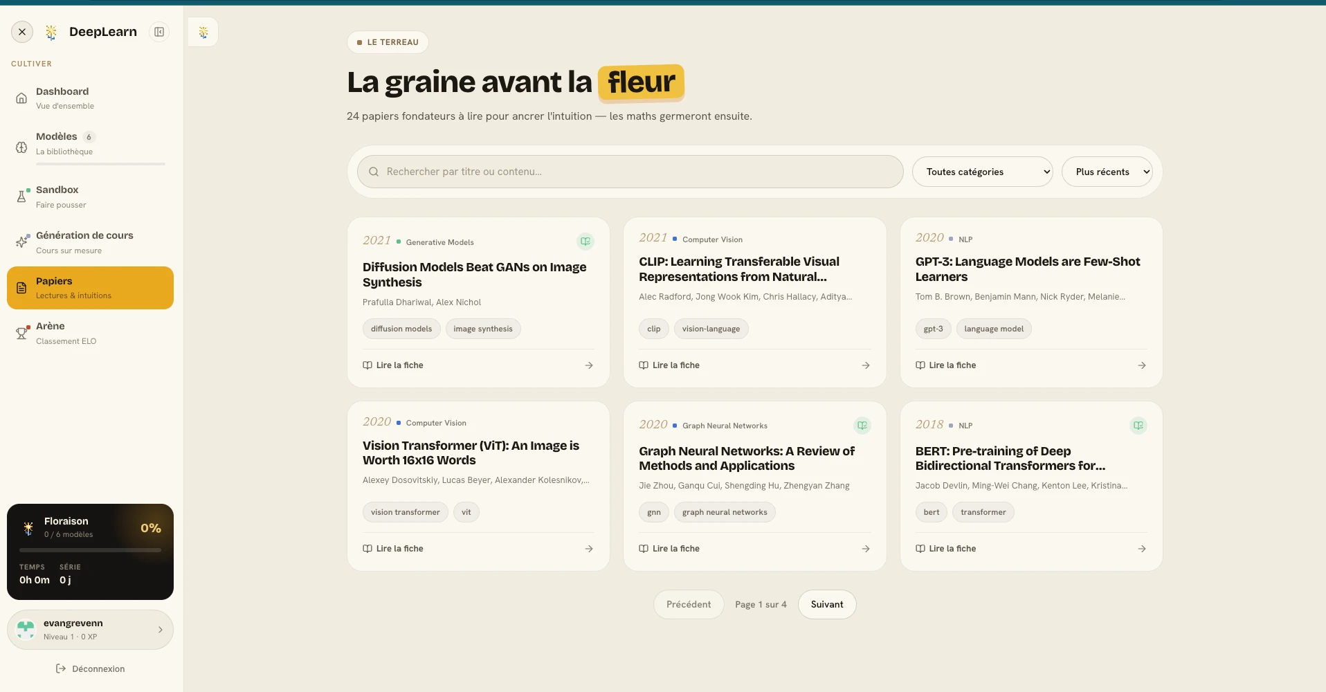 Bibliothèque de papiers de recherche DeepLearn avec recherche, filtres et fiches d’articles.