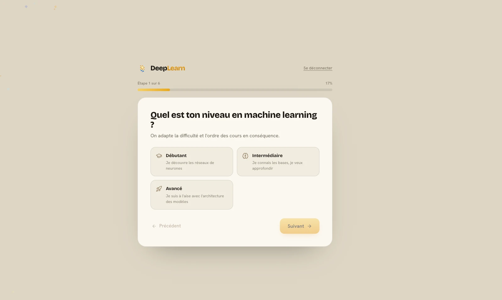 Questionnaire d’accueil DeepLearn demandant le niveau en machine learning.