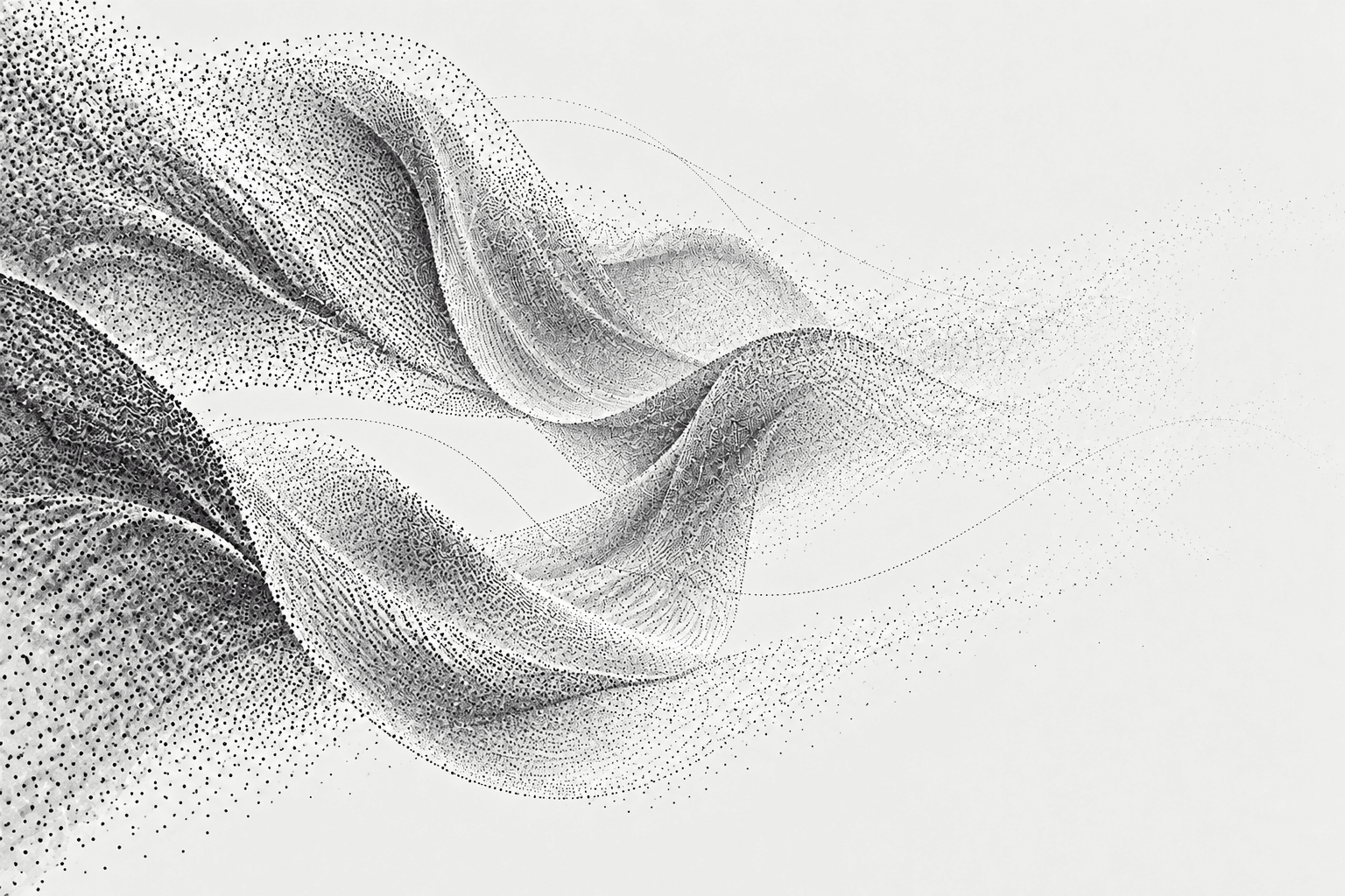 Sculpture de particules et de membranes fluides traversées de trajectoires fines, évocation de dynamiques latentes guidées par connaissances.