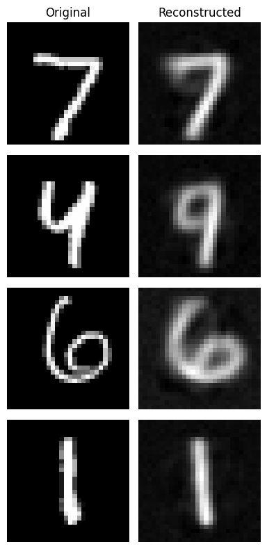 Revenir aux chiffres de test. Original à gauche, reconstruction à droite. Le 4 prend ici une forme proche d’un 9 : réduire l’erreur moyenne de pixels ne garantit pas de conserver l’identité du chiffre.