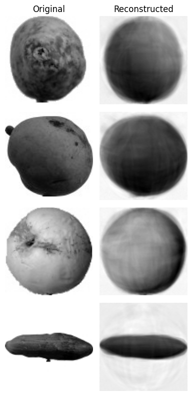VAE · reconstructions, KL = 0,0001. Les masses des fruits sont retrouvées avec des détails atténués. Le décodeur restitue des pixels à partir d’un code compact, appris avec une contrainte probabiliste.