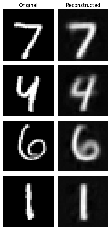 VAE · reconstruire les chiffres de test. Lisez chaque paire original / reconstruction. Ces exemples illustrent la fidélité obtenue dans cet essai ; ils ne suffisent pas à classer globalement VAE et autoencodeur.